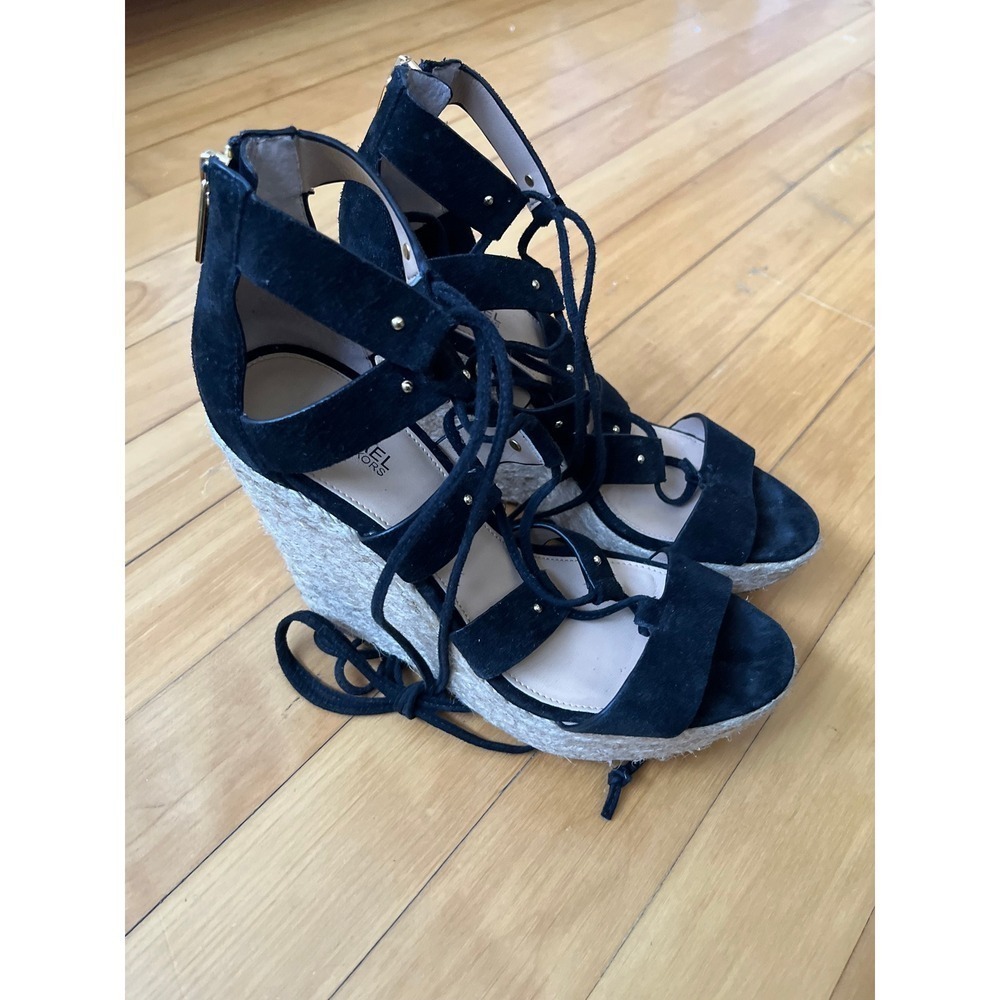 Michael Kors Black Suede Lace Up Espadrille Wedge Sandals Size 6.5 US Women's